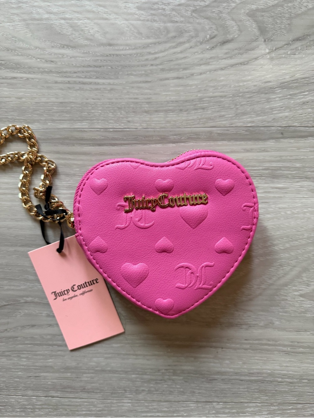Juicy Couture Hot Pink Heart-Shaped Card & Coin Holder with Gold Chain